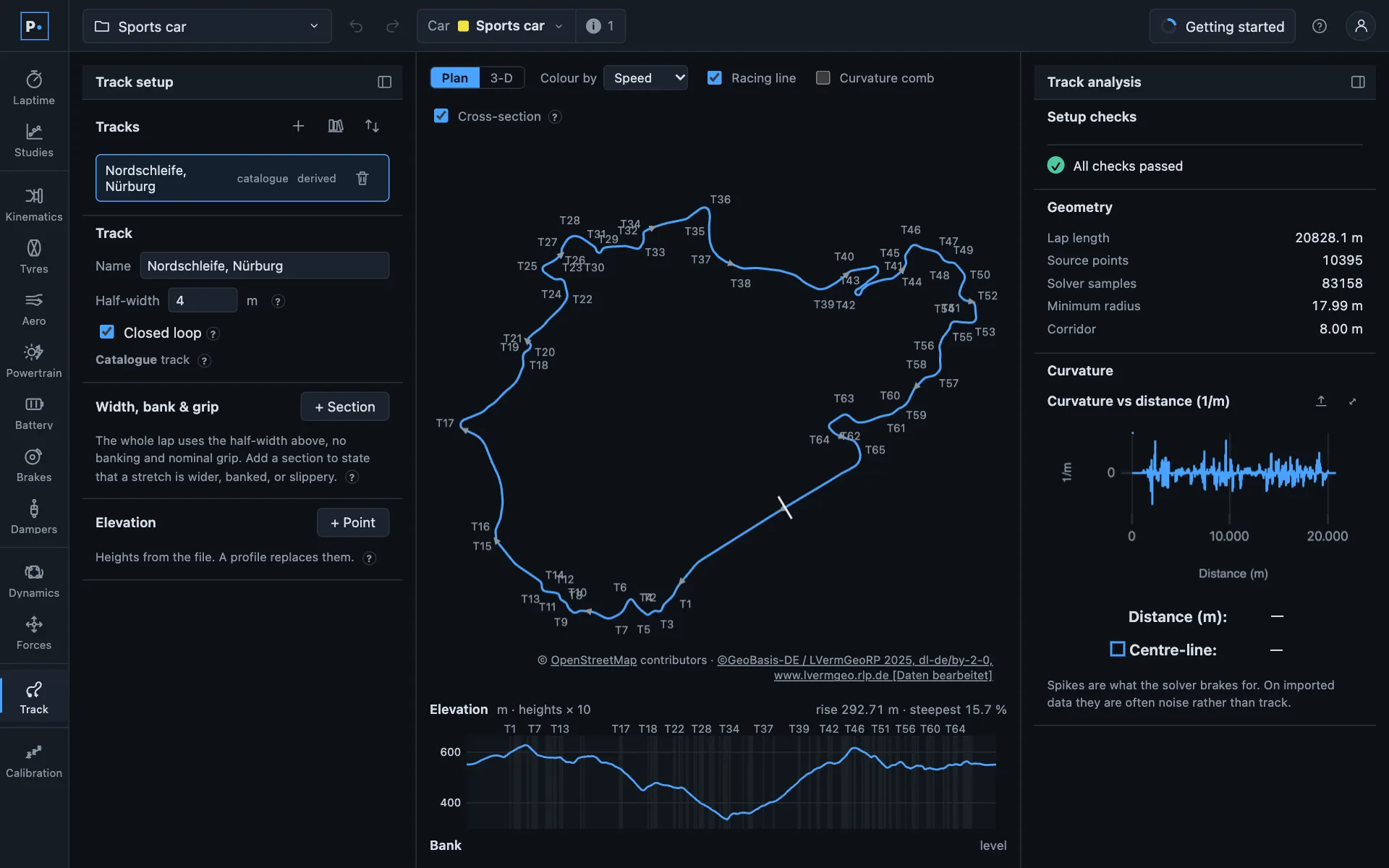 PaceDynamics Track tool showing the whole 20.8 km Nordschleife in plan with 65 numbered turns, its racing line, and an elevation profile with a 293 m rise